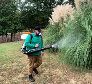 A technician in a green long sleeve spraying treatments